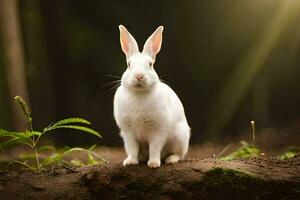 a white rabbit sitting on a rock in the forest. AI-Generated photo