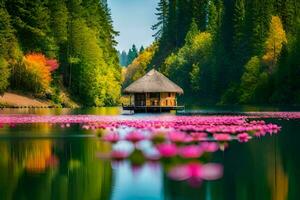 wallpaper the lake, water, flowers, trees, house, lotus, lake, lot. AI-Generated photo