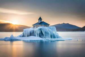 un Iglesia en un iceberg en el medio de el océano. generado por ai foto