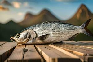 a fish laying on a wooden table in front of mountains. AI-Generated photo