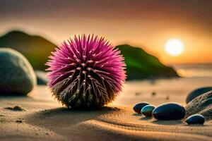 un rosado puntiagudo pelota se sienta en el arena a puesta de sol. generado por ai foto