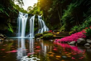 a waterfall surrounded by pink flowers in the jungle. AI-Generated photo