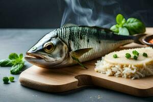 a fish with rice and spices on a cutting board. AI-Generated photo