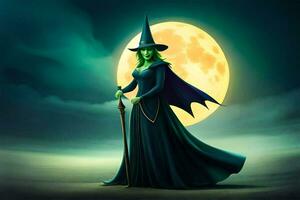 the witch is standing in front of a full moon. AI-Generated photo
