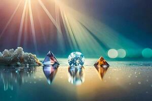 Tres diamantes son sentado en un mesa con un ligero brillante en a ellos. generado por ai foto