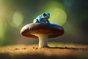 a blue frog sits on top of a mushroom. AI-Generated photo