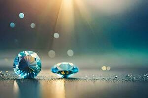 two blue diamonds on a table with a light shining on them. AI-Generated photo