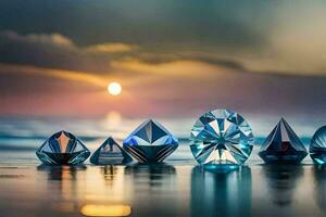 five diamond shapes on the beach at sunset. AI-Generated photo