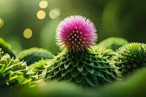 a thistle flower is in the middle of a green plant. AI-Generated photo