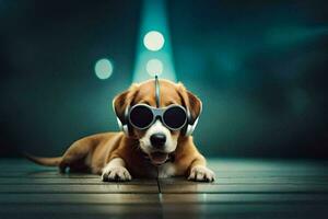 a dog wearing sunglasses laying on the floor. AI-Generated photo