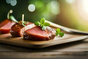 three pieces of meat on a wooden cutting board. AI-Generated photo