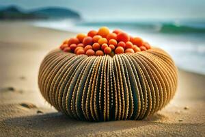 a bowl of oranges on the beach. AI-Generated photo