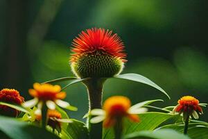 a red flower with green leaves in the background. AI-Generated photo