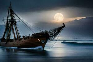 a ship in the ocean with a full moon. AI-Generated photo