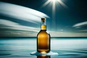 a bottle of whiskey in the ocean. AI-Generated photo