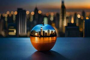 an apple with a cityscape in the reflection. AI-Generated photo