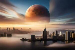 an alien planet is seen in the sky over a city. AI-Generated photo