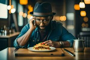 a man in a hat and glasses sitting at a table with a plate of food. AI-Generated photo