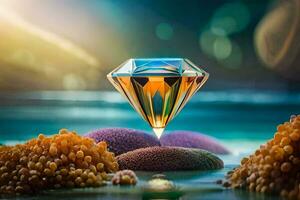 a diamond floating in the ocean with some coral. AI-Generated photo
