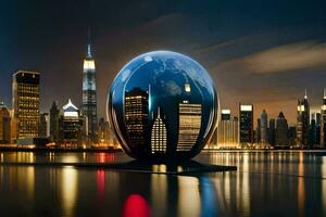 a cityscape with a globe in the middle of it. AI-Generated photo