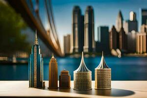 three miniature buildings are sitting on a table in front of a city skyline. AI-Generated photo