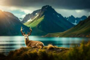 a deer is sitting on the grass near a lake. AI-Generated photo