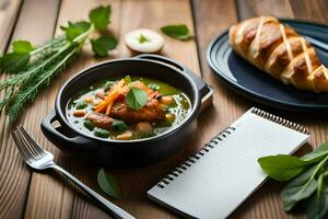 a bowl of soup with bread and herbs on a wooden table. AI-Generated photo