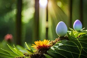 two eggs are sitting on a leaf in the sun. AI-Generated photo