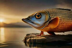 un pescado es en pie en un rock en el agua. generado por ai foto