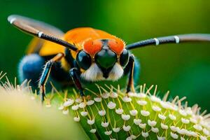 a close up of a colorful bee on a cactus. AI-Generated photo