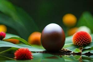 a chocolate egg is sitting on top of a leaf. AI-Generated photo