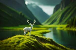 un blanco ciervo soportes en un verde colina con vista a un río. generado por ai foto