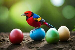 un vistoso pájaro se sienta en parte superior de cuatro de colores huevos. generado por ai foto