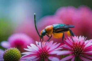 a colorful bug on pink flowers. AI-Generated photo