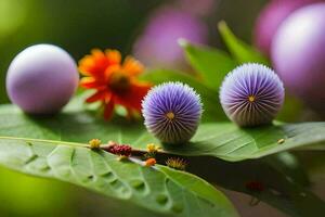 three purple eggs on a green leaf. AI-Generated photo
