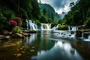 waterfall in the jungle with flowers and rocks. AI-Generated photo