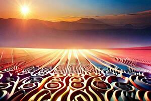 the sun is setting over a field with a pattern of lines. AI-Generated photo