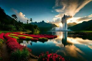 the sun rises over a lake with colorful flowers and a waterfall. AI-Generated photo