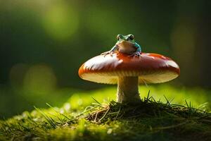 a frog sits on top of a red mushroom. AI-Generated photo