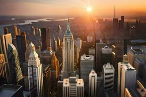 the sun rises over the city skyline in new york. AI-Generated photo