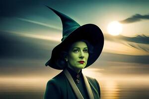 the witch is wearing a green hat and a black dress. AI-Generated photo