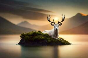 a deer sits on a rock in the middle of a lake. AI-Generated photo