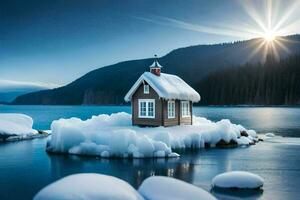 un isla con un casa en eso cubierto en hielo. generado por ai foto