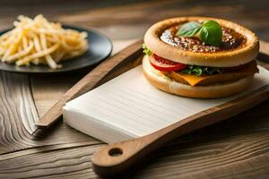 a hamburger with cheese and tomato on a wooden cutting board. AI-Generated photo