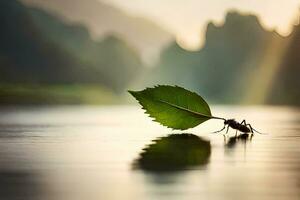 a leaf on the water with an ant on it. AI-Generated photo