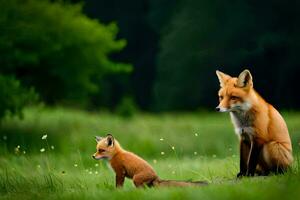 a mother fox and her cub in the grass. AI-Generated photo