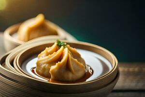 dumplings in a bamboo bowl with sauce. AI-Generated photo