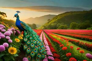 the peacock is a beautiful bird that is often seen in the fields of flowers. AI-Generated photo