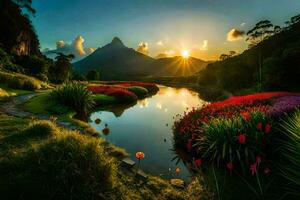 the sun rises over a mountain range and a river with flowers. AI-Generated photo