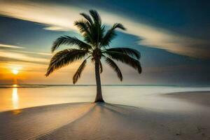 un palma árbol soportes solo en un playa a puesta de sol. generado por ai foto